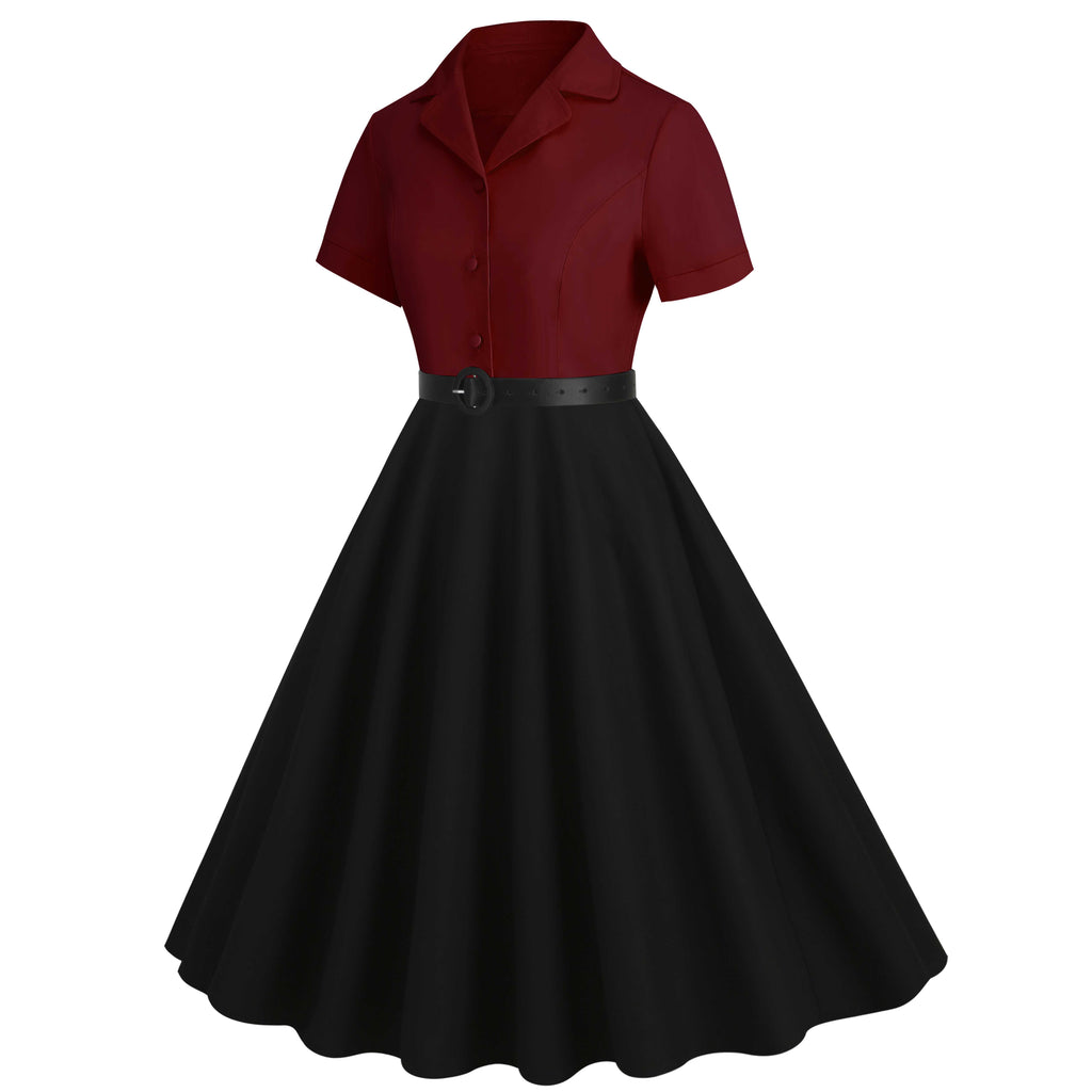 She slips into this 1950s Lapel Contrast Belted Dress and suddenly it's a 1950s daydream