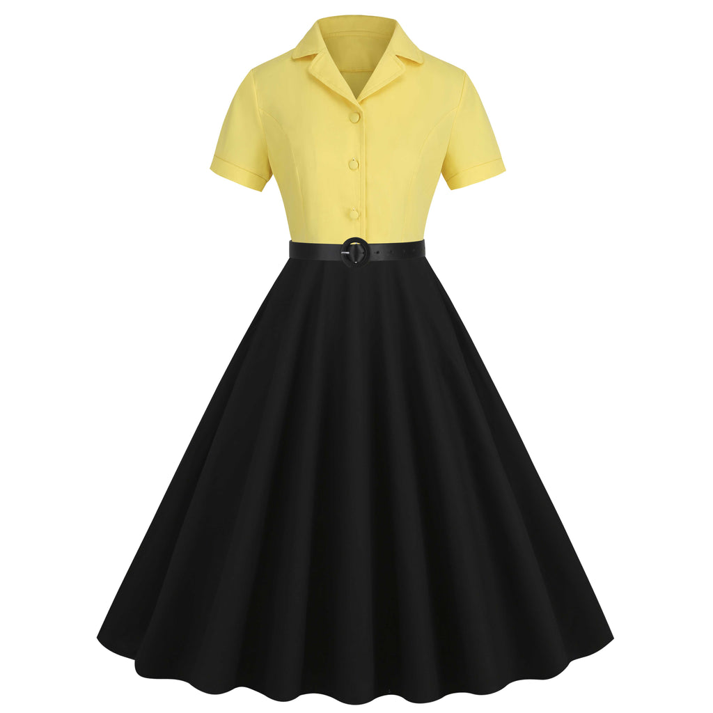 This 1950s Lapel Contrast Belted Dress wraps her in 1950s elegance, one twirl at a time