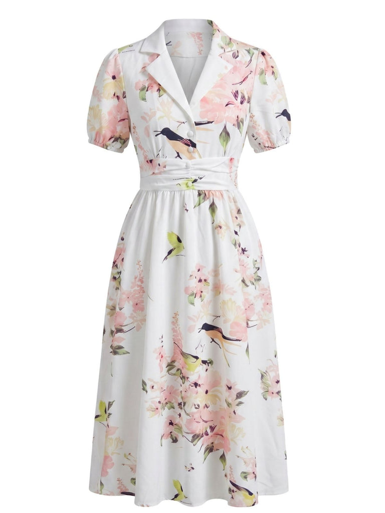 1950s-Lapel-Floral-Hummingbird-Print-Ruched-Waist-Dress, vintage, retro, dress