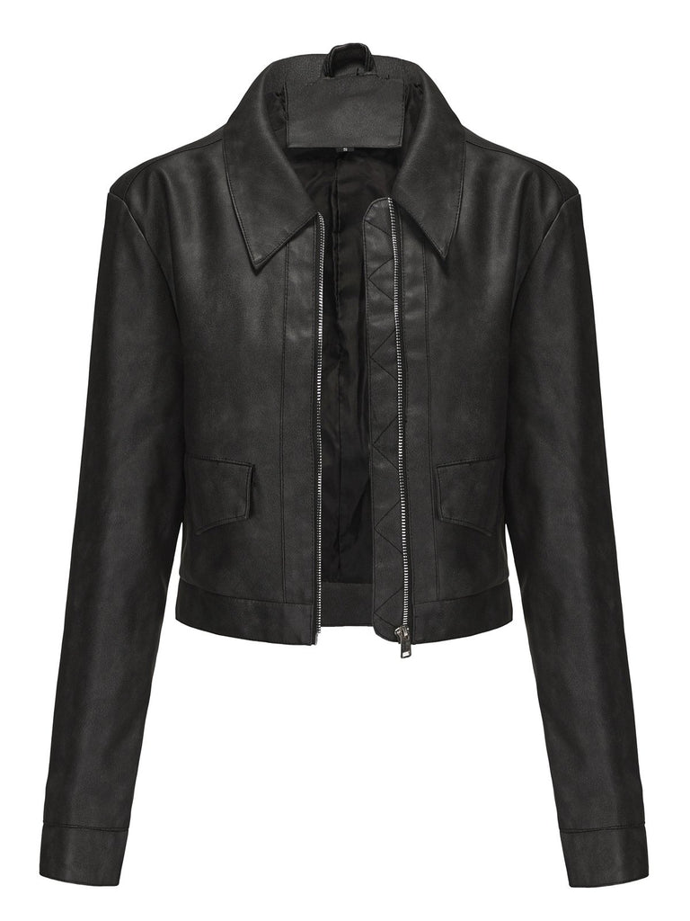 1950s Lapel Leather Long Sleeve Jacket - vintage fashion, retro style