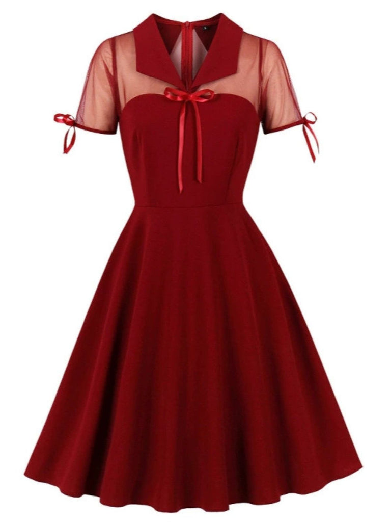 1950s Lapel Mesh Patchwork Swing Dress - vintage dress, retro fashion, rockabilly