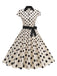 This 1950s Lapel Polka Dots Bow Swing Dress wraps her in 1950s elegance, one twirl at a time