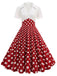 She slips into this 1950s Lapel Polka Dots Patchwork Swing Dress and suddenly it's a 1950s daydream