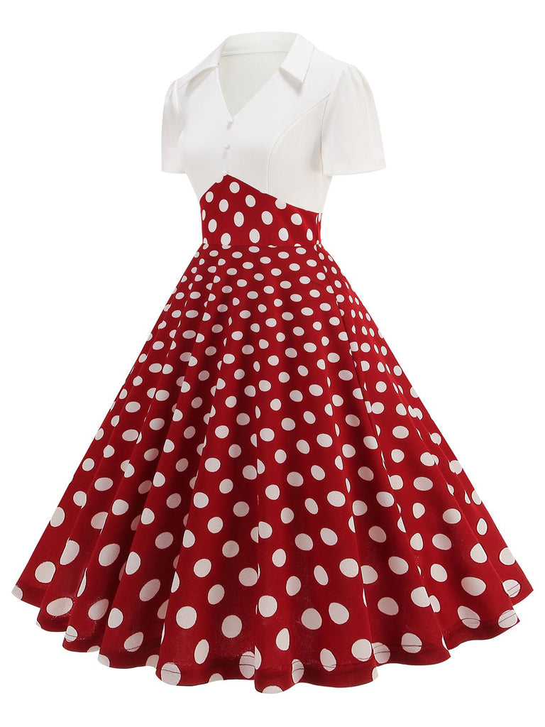 1950s Lapel Polka Dots Patchwork Swing Dress: where 1950s romance meets her modern spirit