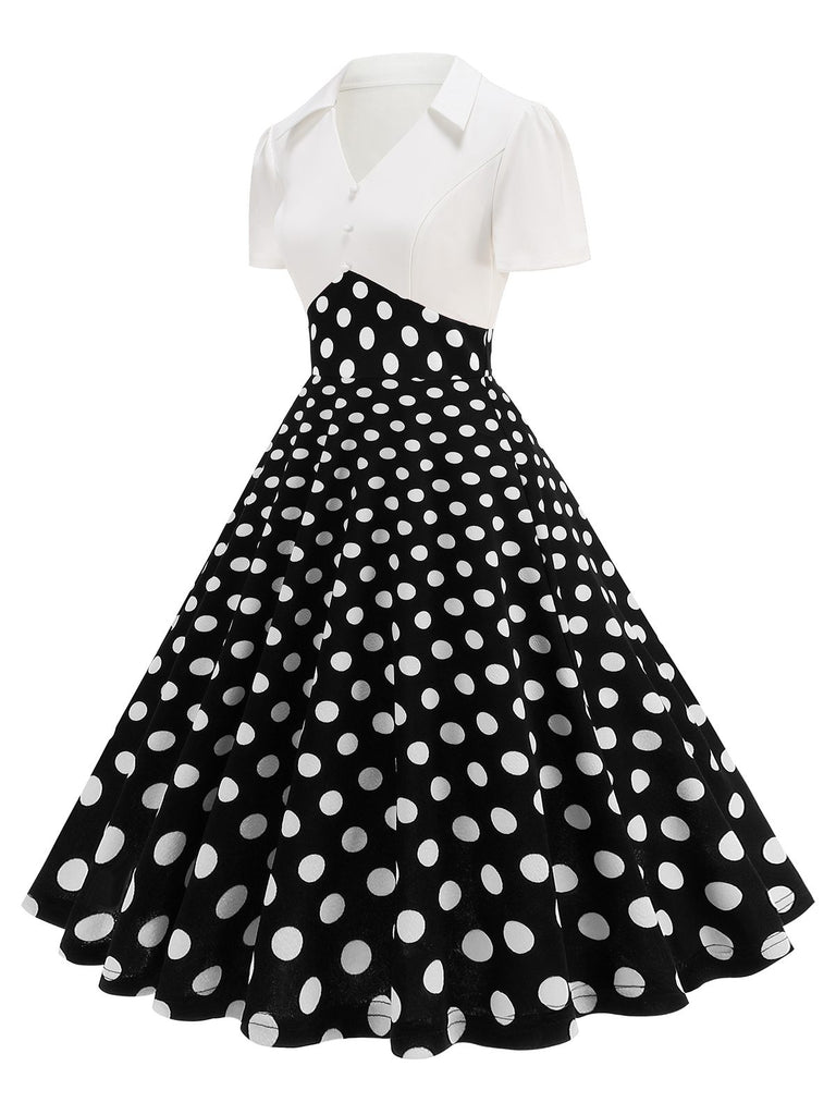 She slips into this 1950s Lapel Polka Dots Patchwork Swing Dress and suddenly it's a 1950s daydream
