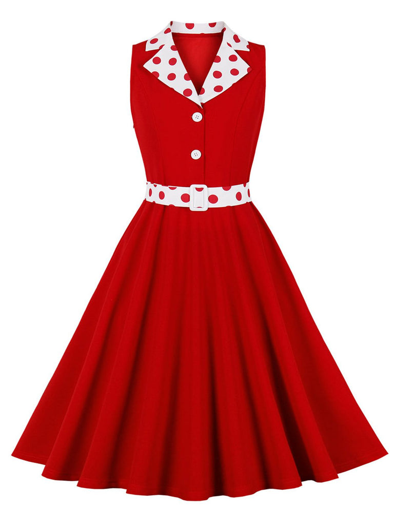 She slips into this 1950s Lapel Polka Dots Sleeveless Belted Dress and suddenly it's a 1950s daydream