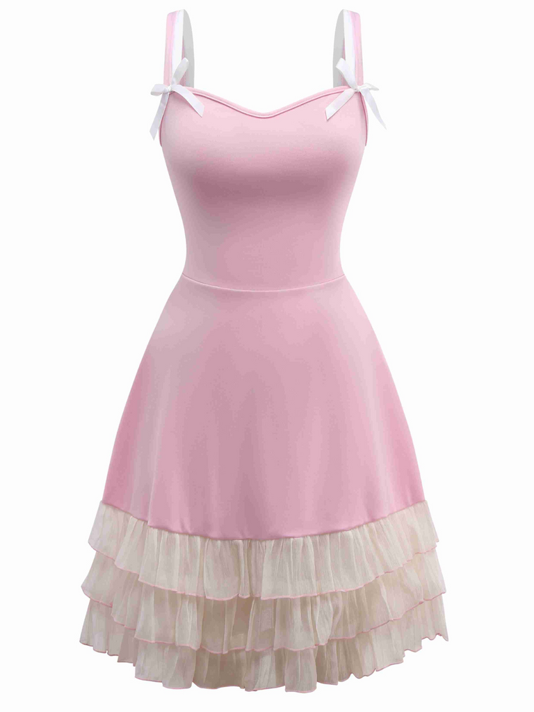 1950s Layered Hem Contrast Bow Strap Dress - vintage dress, retro fashion, rockabilly