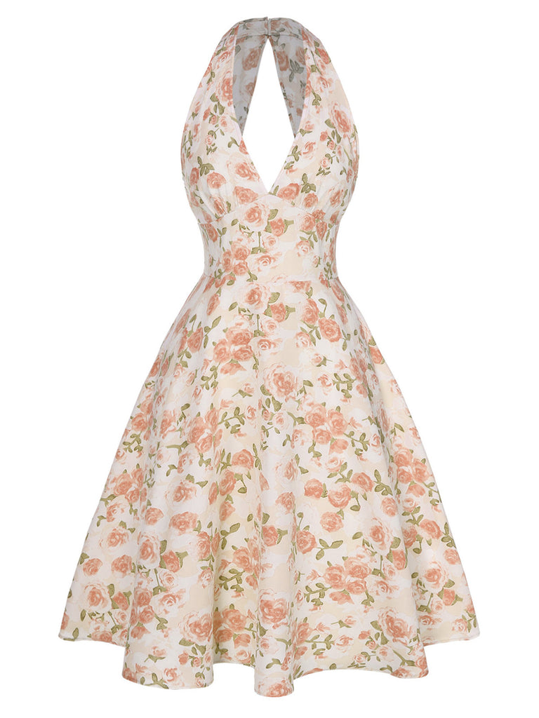 1950s-Lemon-Floral-Halter-V-Neck-Dress, vintage, retro, dress