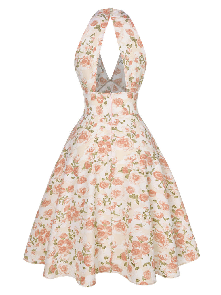 1950s-Lemon-Floral-Halter-V-Neck-Dress, vintage, retro, dress