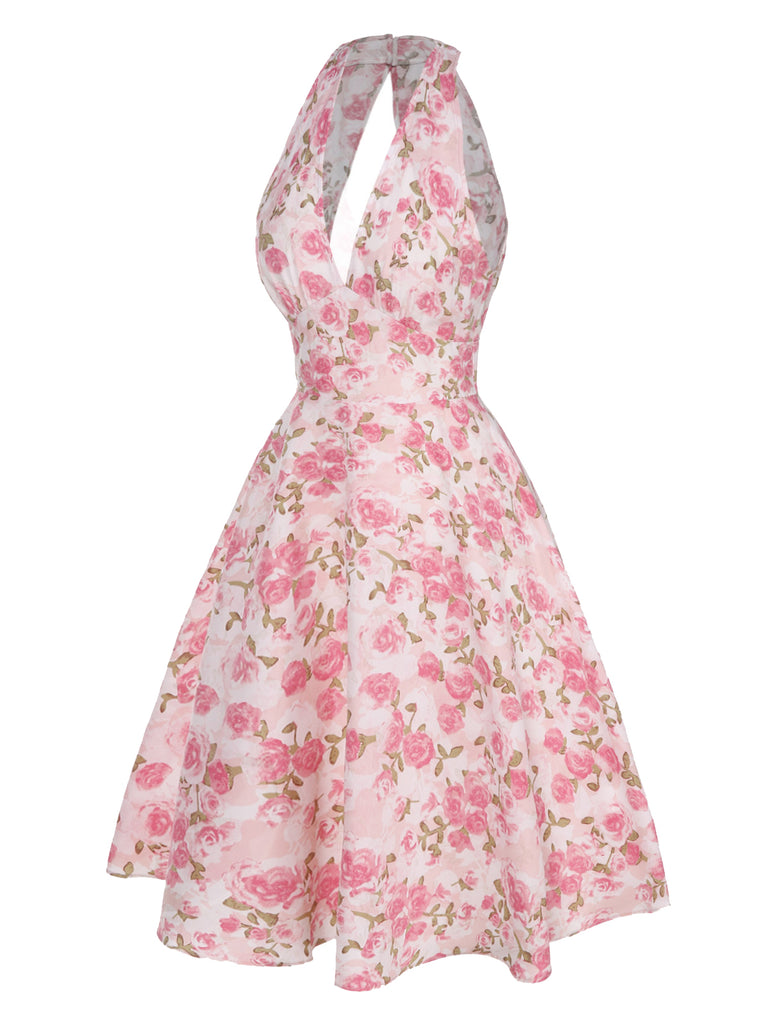 1950s-Lemon-Floral-Halter-V-Neck-Dress, vintage, retro, dress