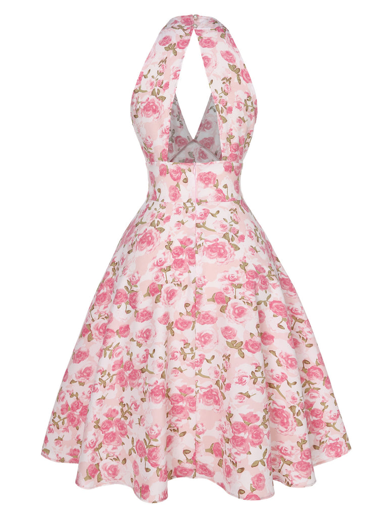 1950s-Lemon-Floral-Halter-V-Neck-Dress, vintage, retro, dress