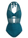 1950s Mesh Halter Plunge Ruched Bikini Set, vintage swimsuit, pin-up swimwear - perfect for women who love vintage and retro fashion