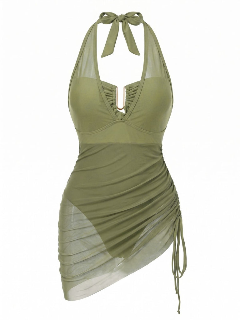 1950s Mesh Halter Tie Waist One Piece Swimsuit