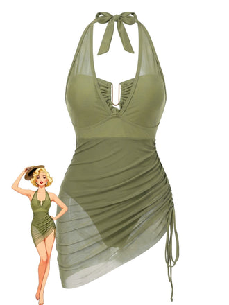1950s Mesh Halter Tie Waist One Piece Swimsuit 2