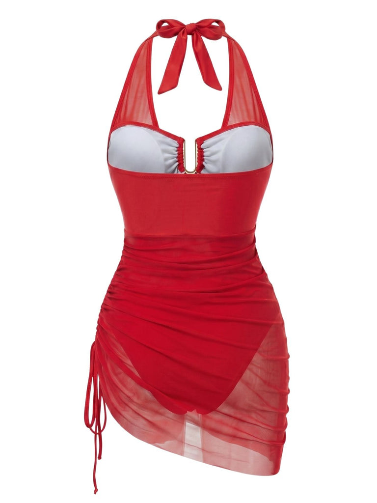 1950s Mesh Halter Tie Waist One Piece Swimsuit 5