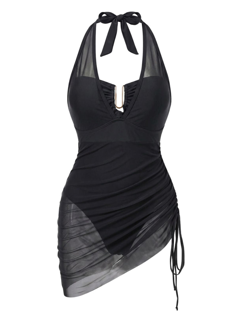 1950s Mesh Halter Tie Waist One Piece Swimsuit 6