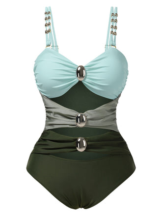 She's wearing 1950s Metal Button Hollow One-Piece Swimsuit and the whole beach remembers the 1950s