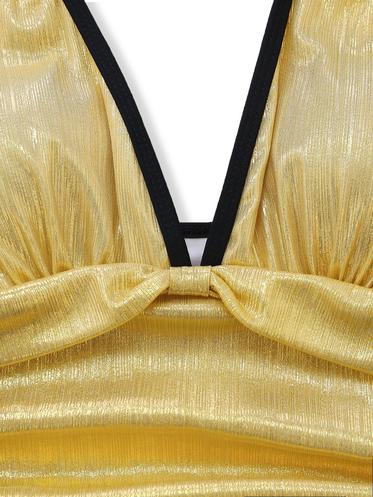 1950s Metallic Shimmer Strappy Halter One-Piece Swimsuit: beautiful vintage swimwear, retro swimsuit, pin-up style with timeless appeal