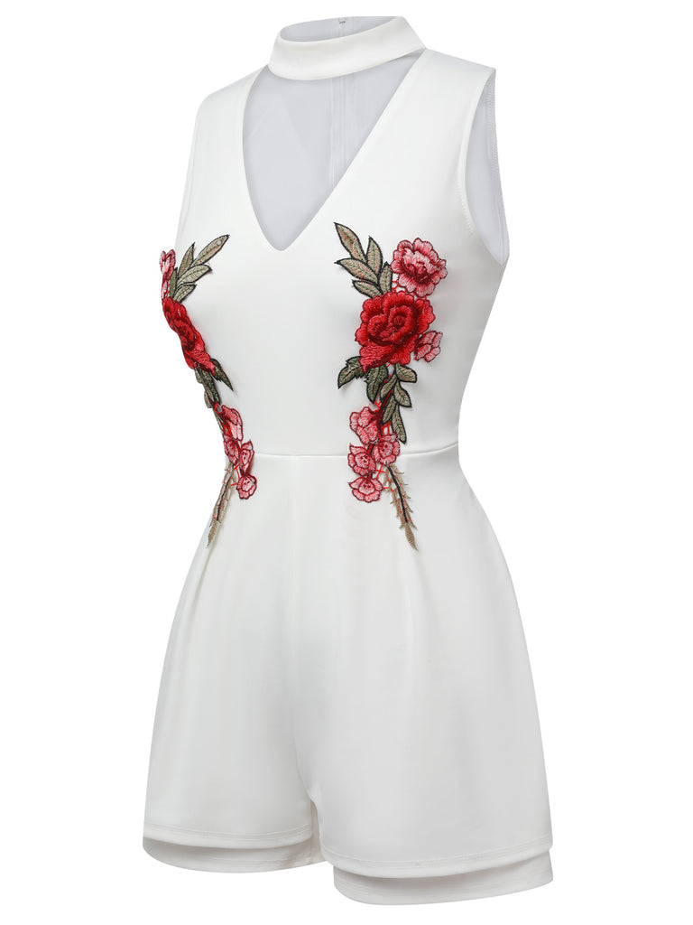 1950s Mock Neck Floral Embroidered Cutout Romper, vintage romper, retro jumpsuit - perfect for women who love vintage and retro fashion