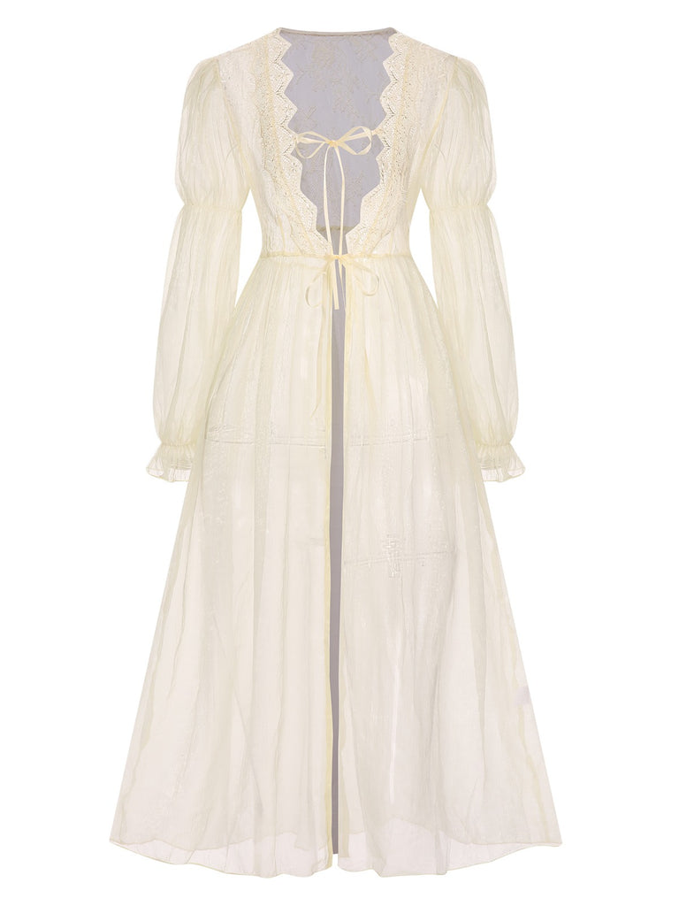 2PCS Apricot 1950s Floral Straps Slit Nightgown & Robe - vintage nightgown, retro sleepwear