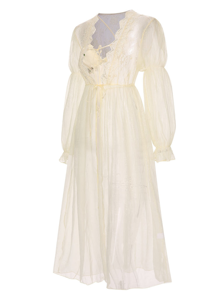 2PCS Apricot 1950s Floral Straps Slit Nightgown & Robe - vintage nightgown, retro sleepwear