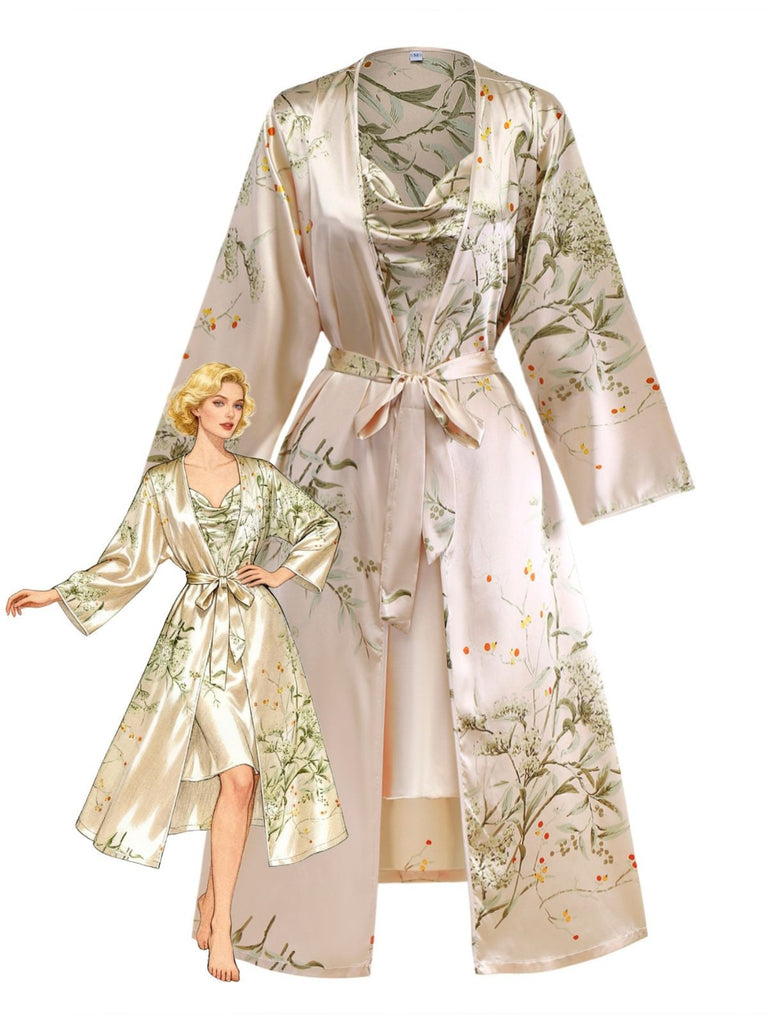 2PCS 1950s Floral Straps Satin Nightgown & Matching Robe - vintage nightgown, retro sleepwear