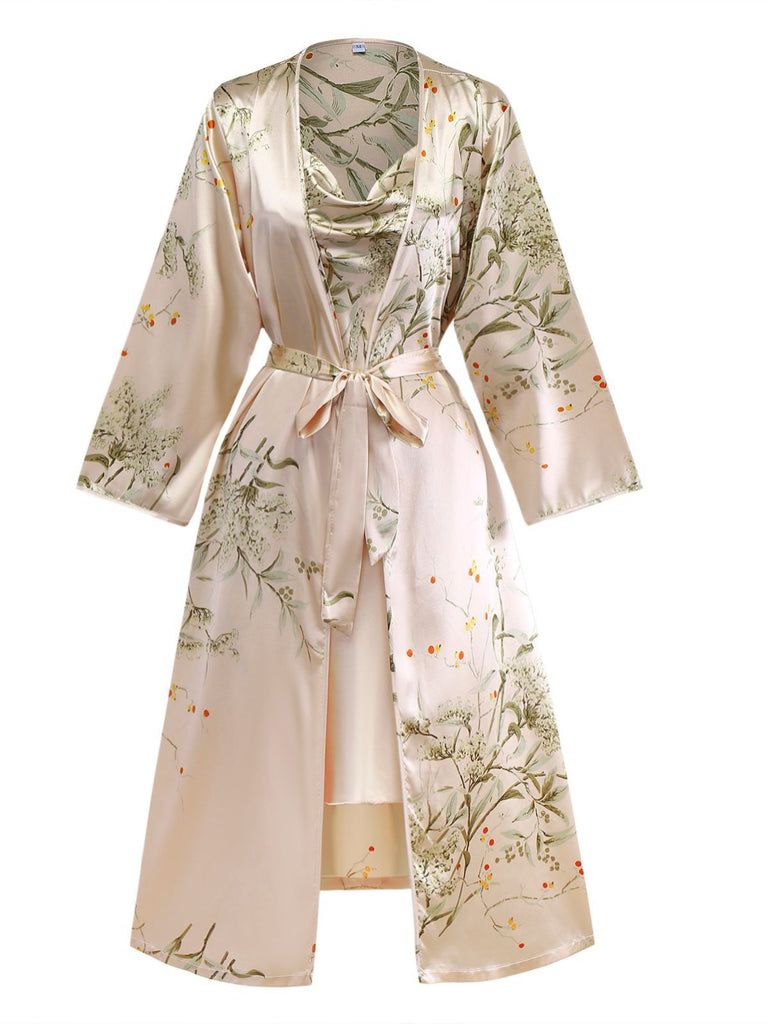 2PCS 1950s Floral Straps Satin Nightgown & Matching Robe - vintage nightgown, retro sleepwear