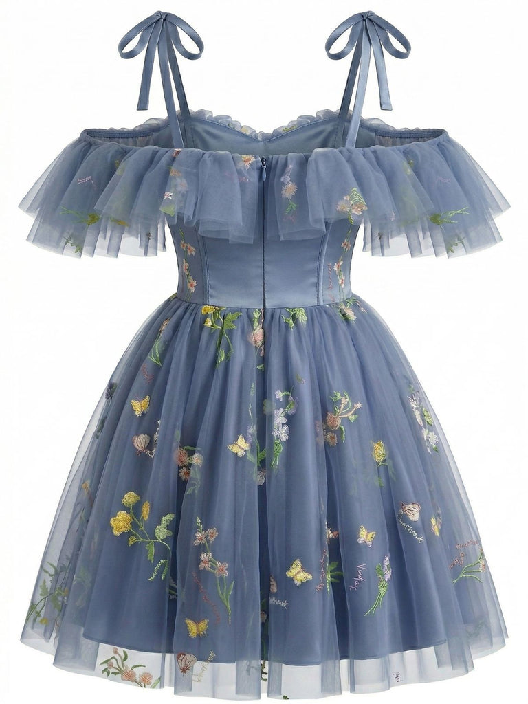 1950s Off-Shoulder Floral Embroidered Mesh Dress, vintage dress, retro fashion, rockabilly, pin-up fashion - perfect for women who love vintage and retro fashion