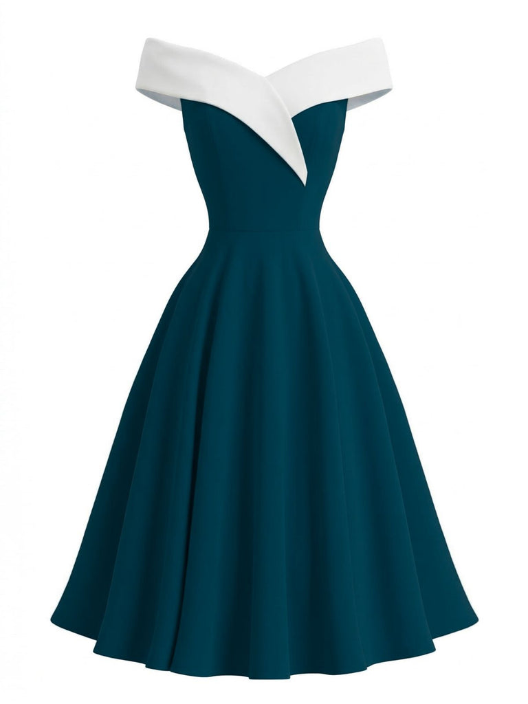 1950s Off-Shoulder Sleeveless ColorBlock Dress - vintage dress, retro fashion, rockabilly