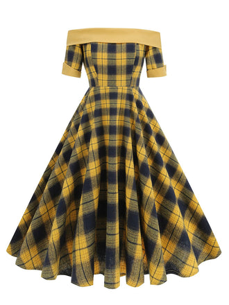 She slips into this 1950s Off-Shoulder Vintage Patchwork Plaids Dress and suddenly it's a 1950s daydream