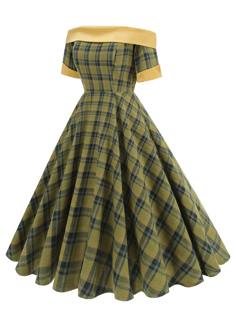 She slips into this 1950s Off-Shoulder Vintage Patchwork Plaids Dress and suddenly it's a 1950s daydream