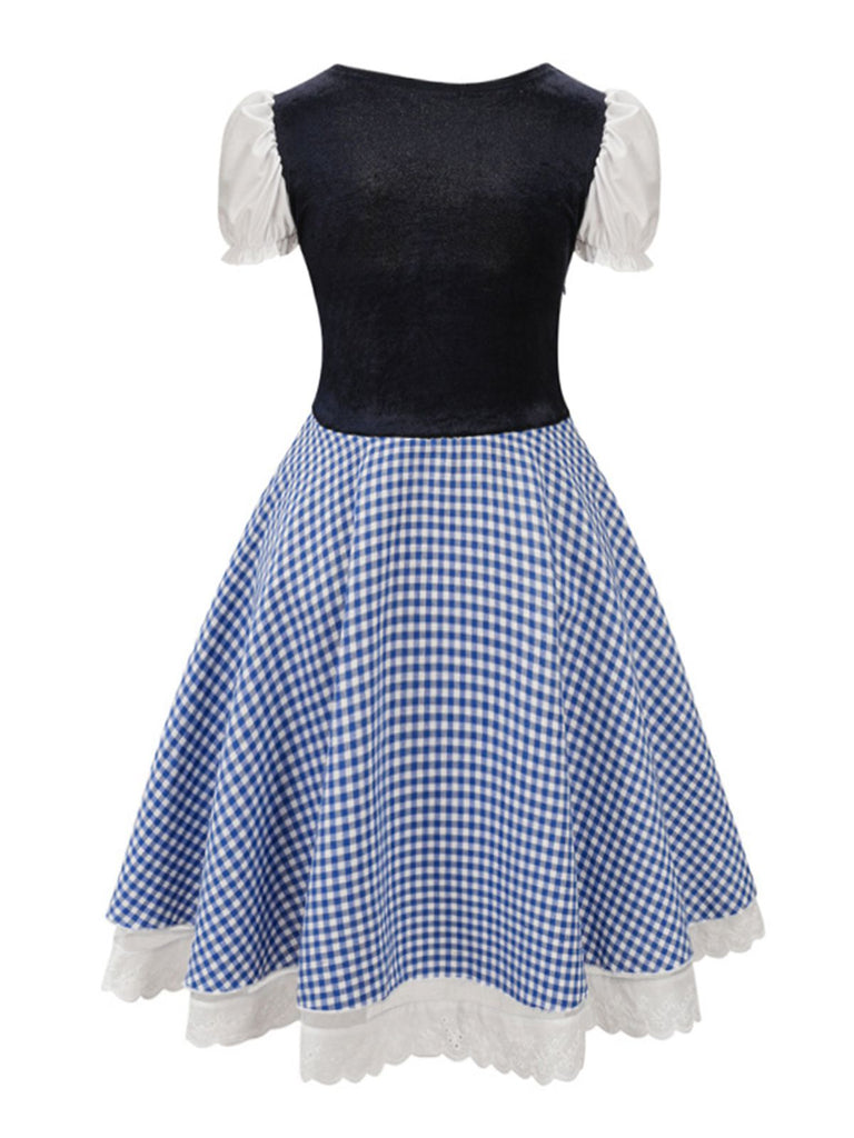 1950s Oktoberfest Puff Sleeves Gingham Plaid Dress — a 1950s silhouette that turns sidewalks into runways