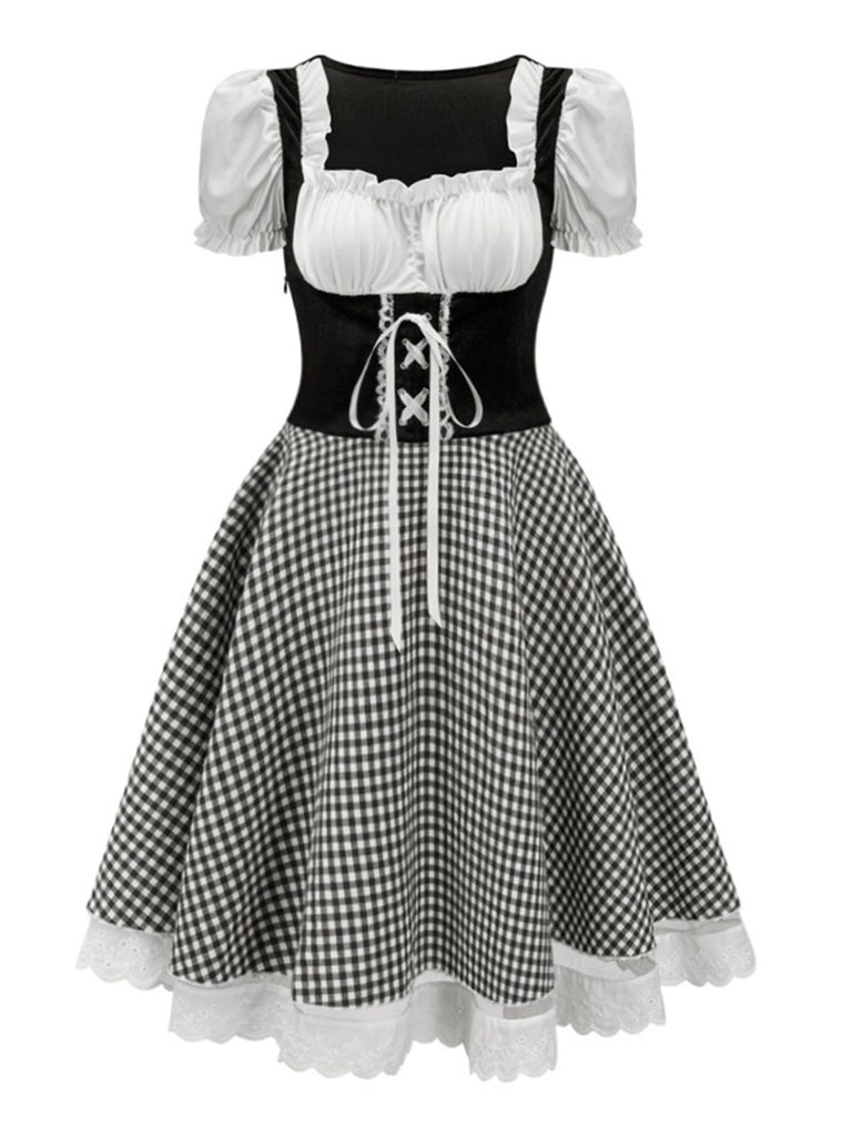 1950s Oktoberfest Puff Sleeves Gingham Plaid Dress: where 1950s romance meets her modern spirit