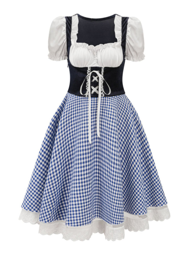 1950s Oktoberfest Puff Sleeves Gingham Plaid Dress — the kind of 1950s dress that makes strangers smile