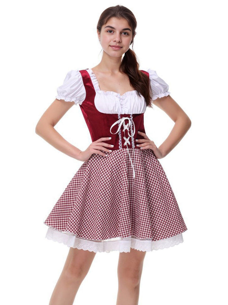 1950s Oktoberfest Puff Sleeves Gingham Plaid Dress — a 1950s silhouette that turns sidewalks into runways