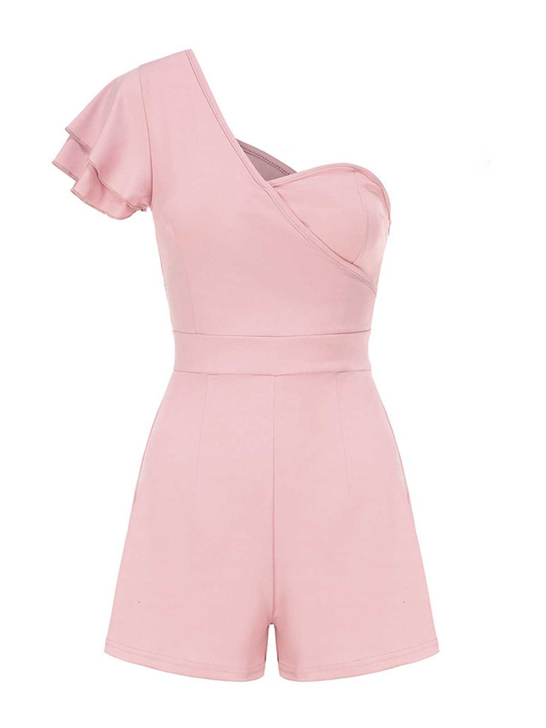 She finds her 1950s story in this 1950s One Shoulder Ruffles Solid Romper
