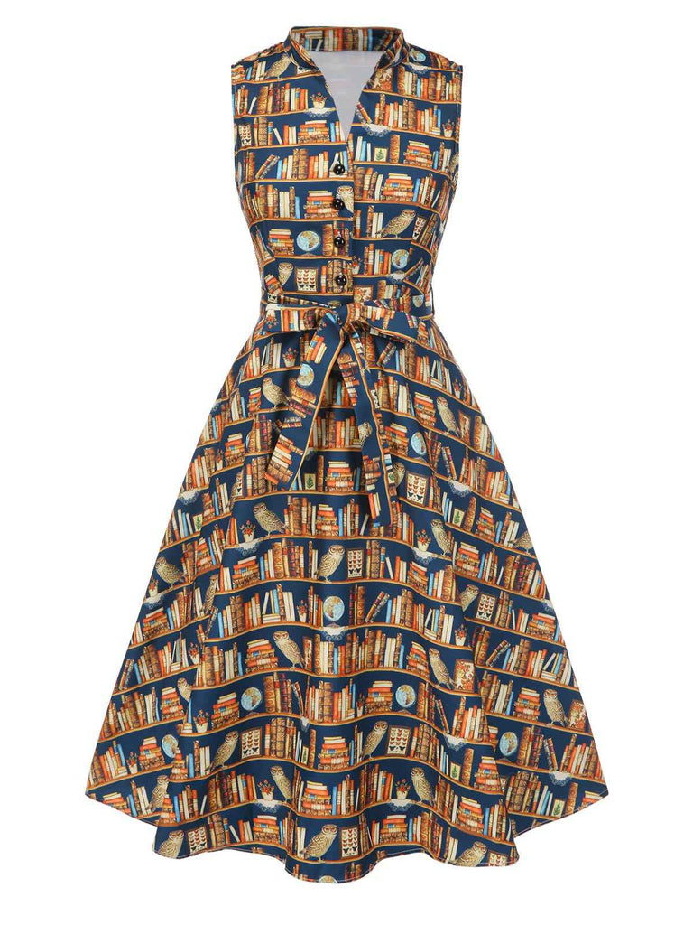 1950s Owl Bookshelf Print Stand Collar Dress - vintage dress, retro fashion, rockabilly