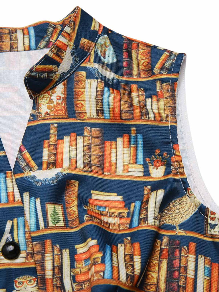 1950s Owl Bookshelf Print Stand Collar Dress - vintage dress, retro fashion, rockabilly