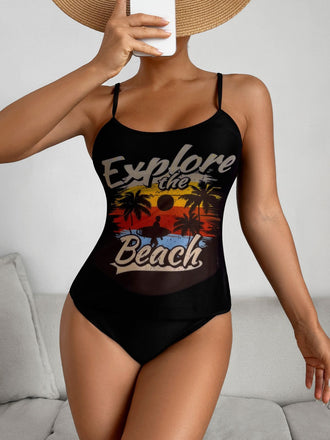 1950s Palm Tree Spaghetti Strap Mesh Tankini Set - vintage fashion, retro style