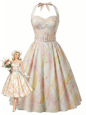 [Pre-Sale] 1950s Pastel Cherry Print Halter Belted Swing Dress, vintage dress, retro fashion, rockabilly, pin-up fashion - perfect for women who love vintage and retro fashion