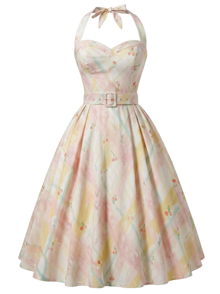 [Pre-Sale] 1950s Pastel Cherry Print Halter Belted Swing Dress, vintage dress, retro fashion, rockabilly, pin-up fashion - perfect for women who love vintage and retro fashion