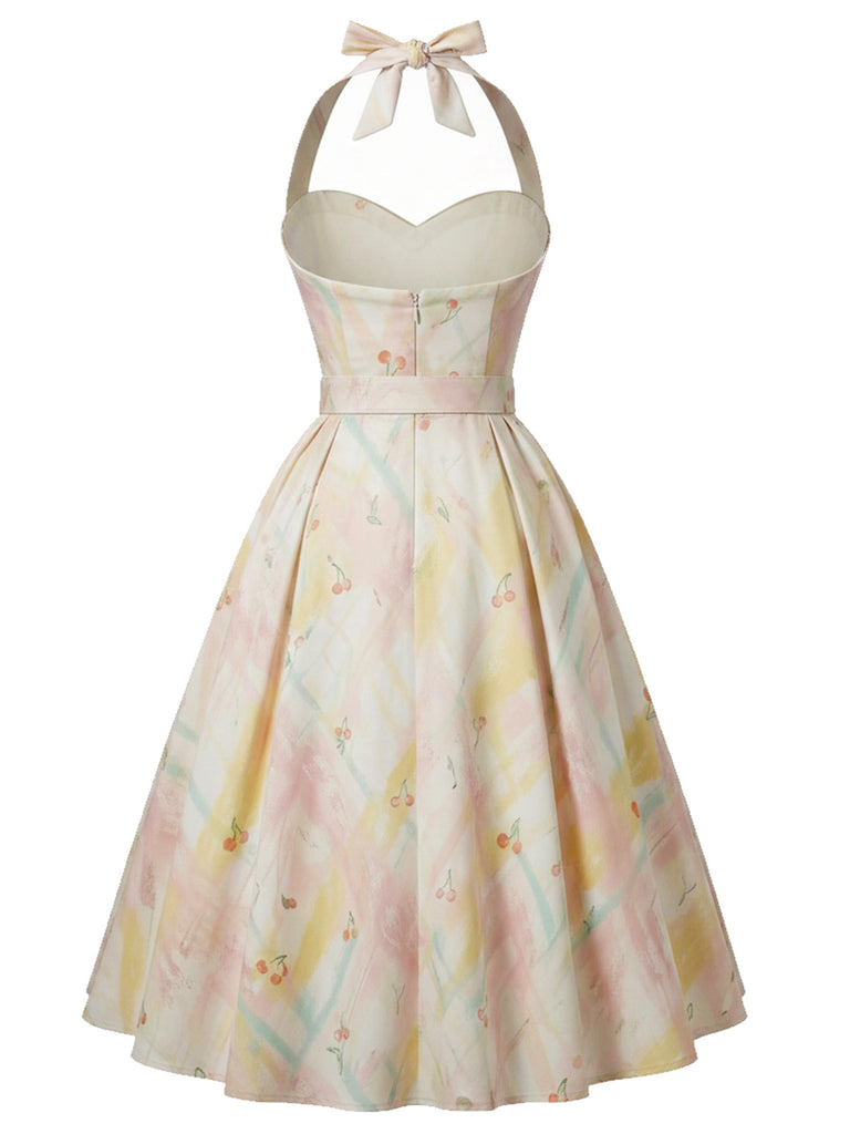 [Pre-Sale] 1950s Pastel Cherry Print Halter Belted Swing Dress, vintage dress, retro fashion, rockabilly, pin-up fashion - perfect for women who love vintage and retro fashion