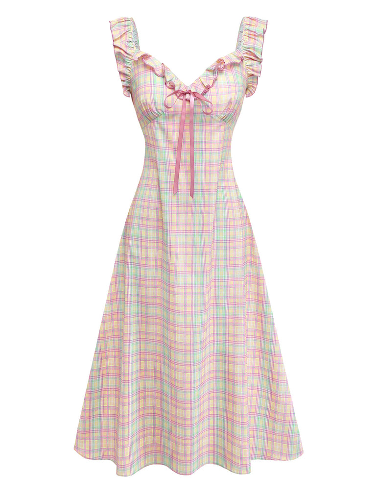 1950s Pastel Plaid Ruffled Bow Sweetheart Neck Swing Dress, vintage dress, retro fashion, rockabilly, pin-up fashion, women, elegant