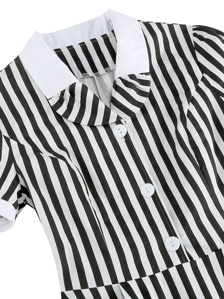 1950s Peter Pan Collar Black & White Stripes Dress — a 1950s silhouette that turns sidewalks into runways