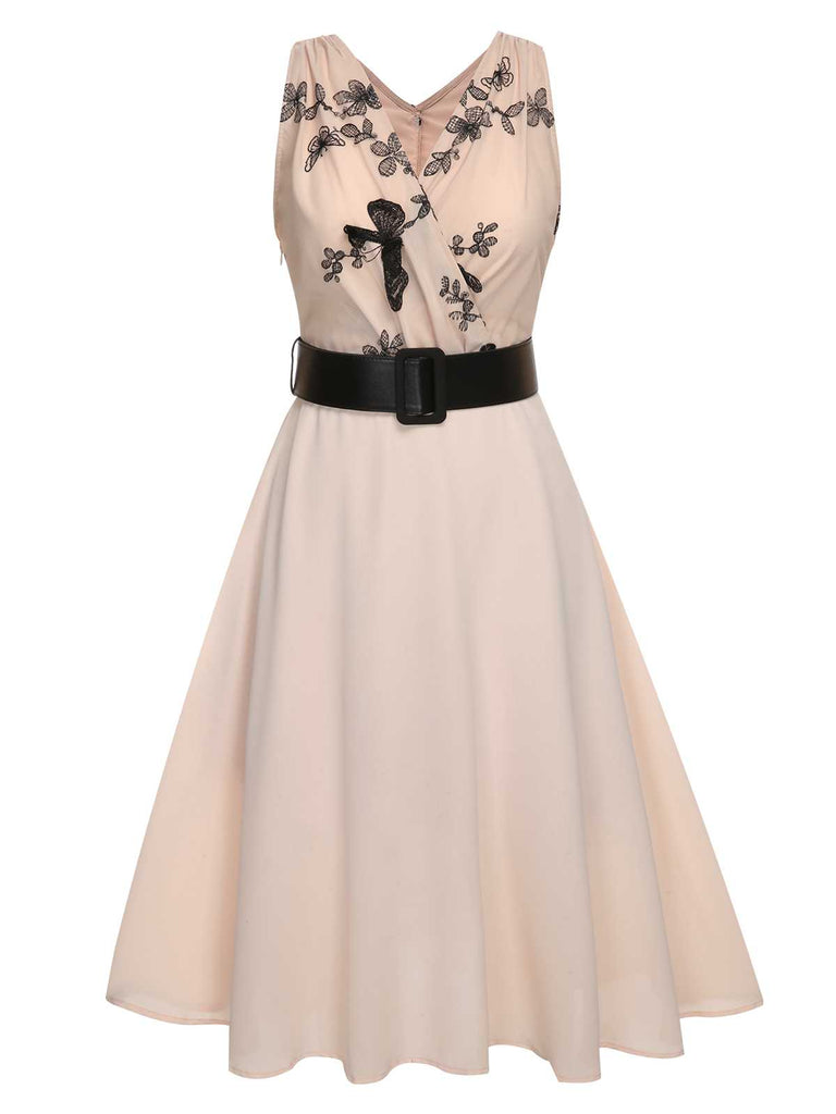 1950s Pink Butterfly Sleeveless Dress With Belt - vintage dress, retro fashion, rockabilly