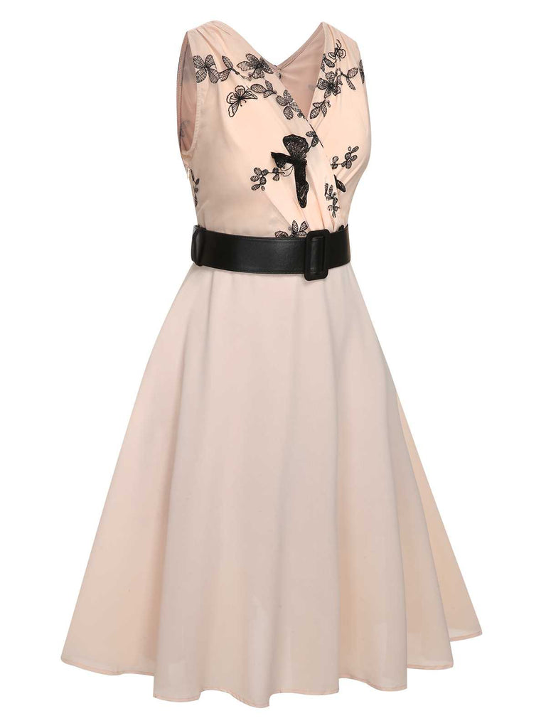 1950s Pink Butterfly Sleeveless Dress With Belt - vintage dress, retro fashion, rockabilly