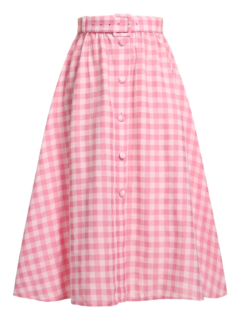1950s Pink Plaid Button Skirt With Belt, vintage skirt, retro style - perfect for women who love vintage and retro fashion