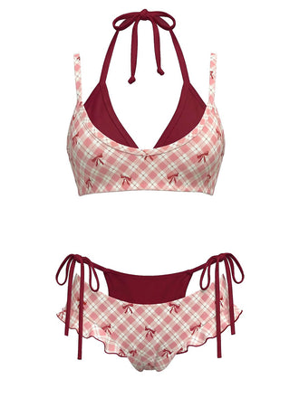 1950s Plaid Bow Halter Double Layer Bikini Set - vintage fashion, retro style