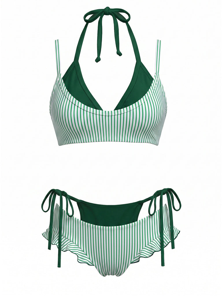 Red 1950s Plaid Bow Halter Double Layer Bikini Set, vintage swimsuit, pin-up swimwear - perfect for women who love vintage and retro fashion