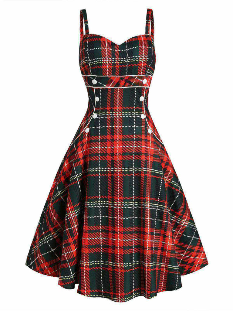 1950s Plaid Button Strap Swing Dress: timeless style reimagined